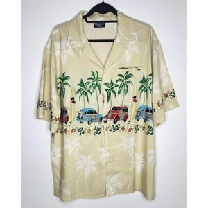Pacific & Co Hawaiian Aloha Shirt Mens Large Beige Palm Trees Surf Woody Cars